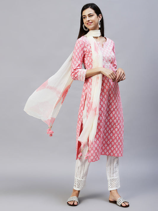 Floral Printed & Embroidered Straight Kurta with Pants & Dupatta - Pink