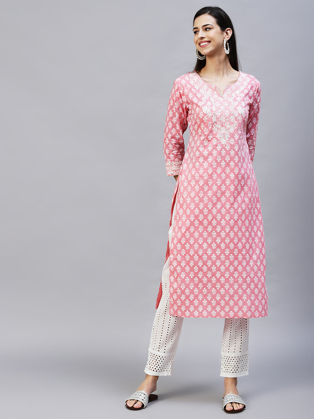 Floral Printed & Embroidered Straight Kurta with Pants & Dupatta - Pink