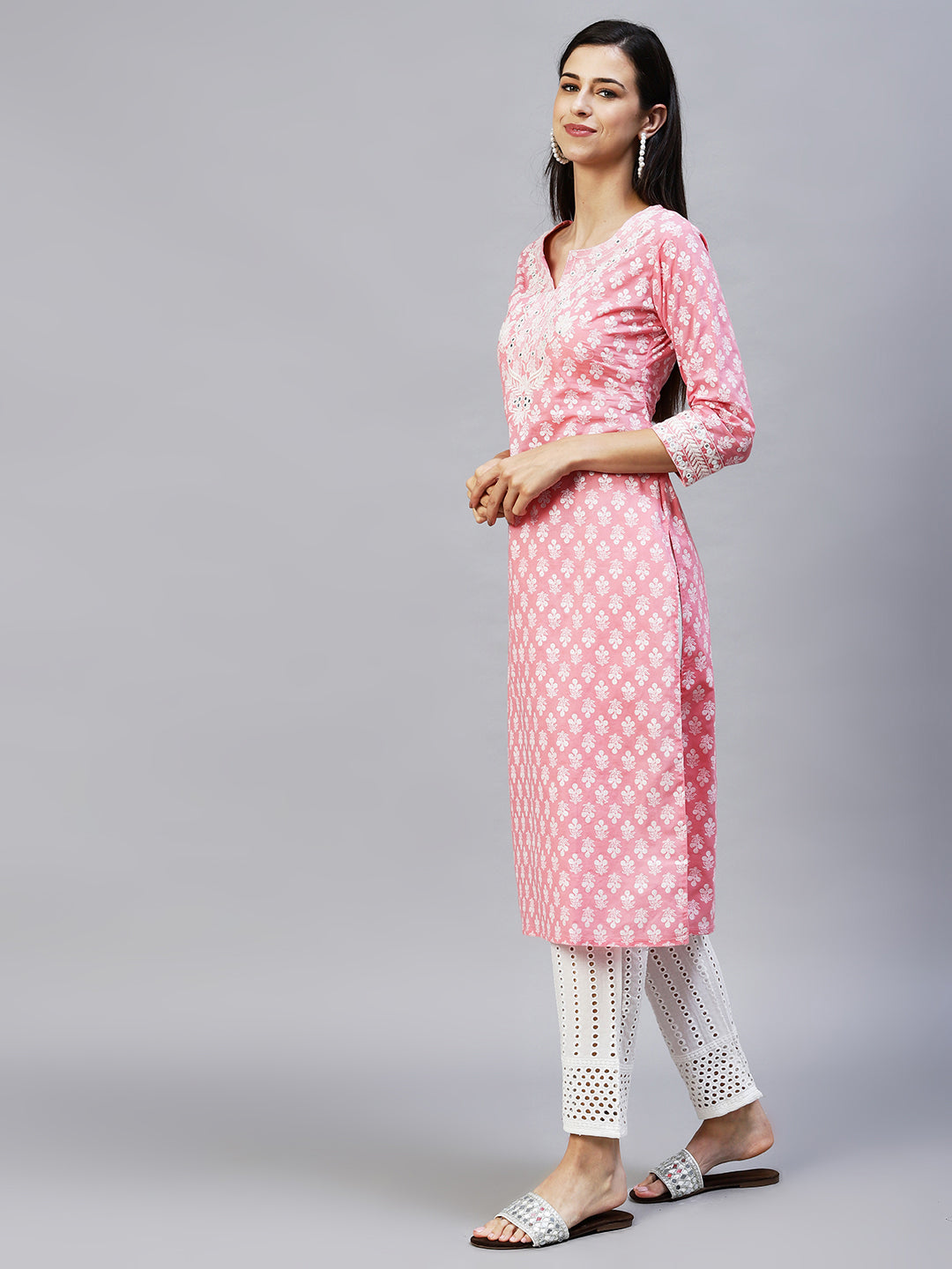Floral Printed & Embroidered Straight Kurta with Pants & Dupatta - Pink