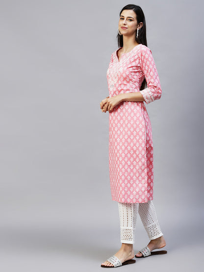 Floral Printed & Embroidered Straight Kurta with Pants & Dupatta - Pink
