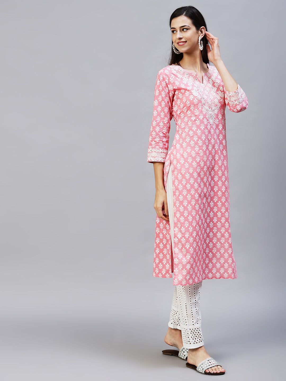 Floral Printed & Embroidered Straight Kurta with Pants & Dupatta - Pink