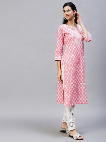 Floral Printed & Embroidered Straight Kurta with Pants & Dupatta - Pink