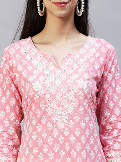 Floral Printed & Embroidered Straight Kurta with Pants & Dupatta - Pink