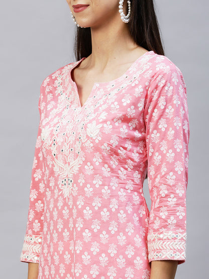 Floral Printed & Embroidered Straight Kurta with Pants & Dupatta - Pink