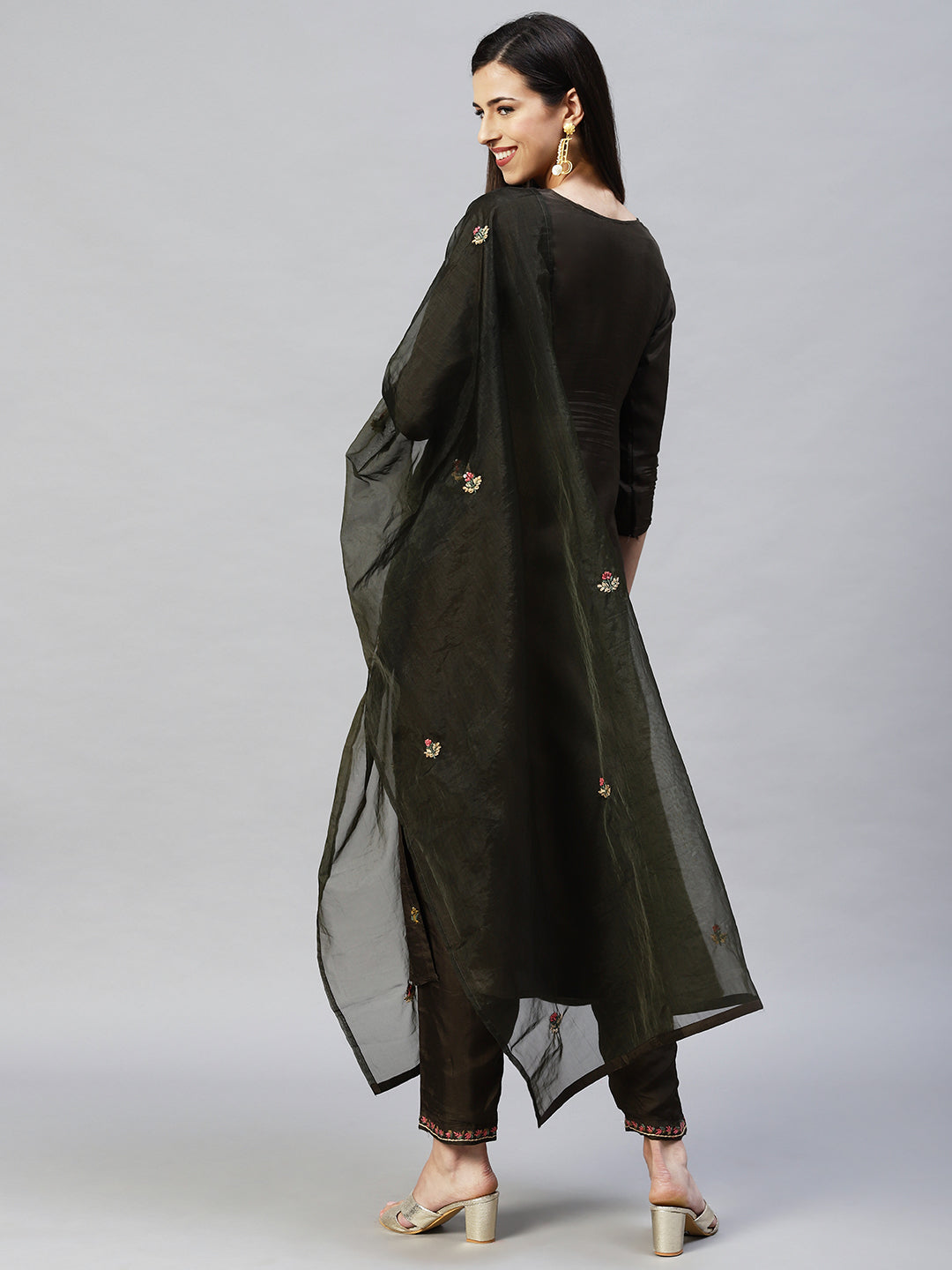 Floral Hand Embroidered Straight Kurta with Pants & Dupatta - Dark Green