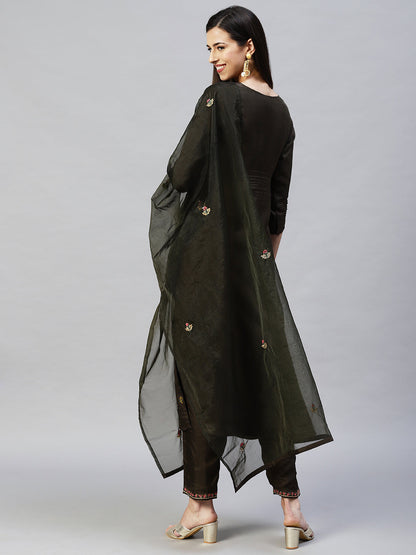 Floral Hand Embroidered Straight Kurta with Pants & Dupatta - Dark Green