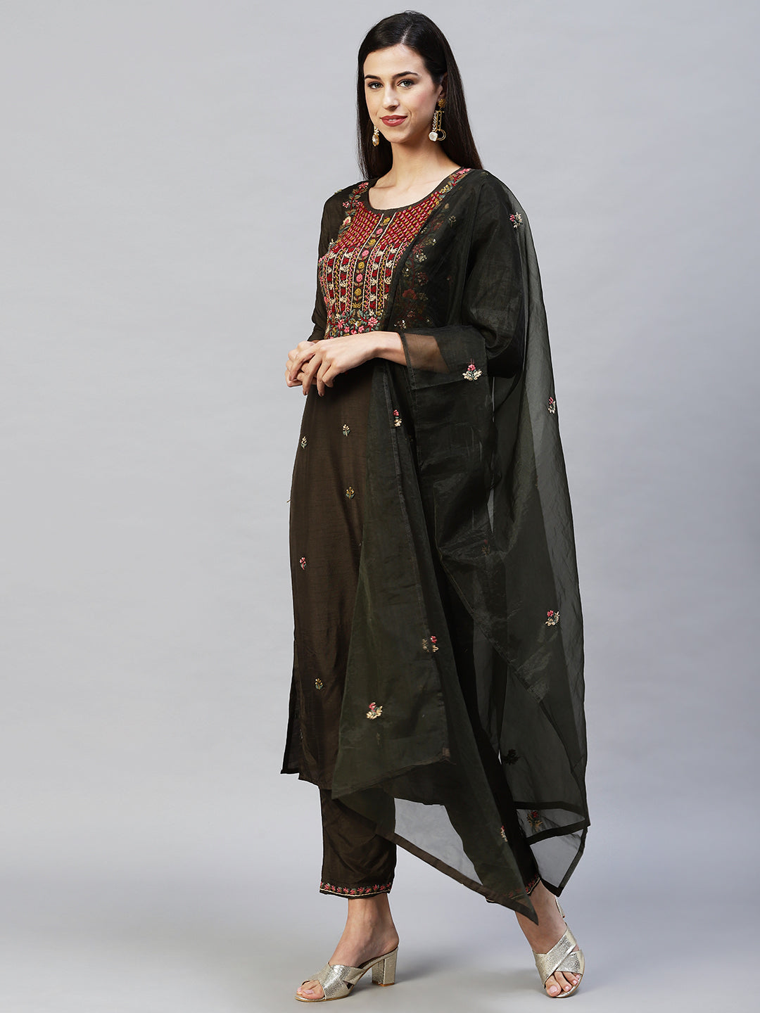 Floral Hand Embroidered Straight Kurta with Pants & Dupatta - Dark Green