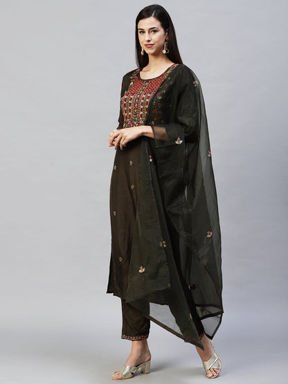 Floral Hand Embroidered Straight Kurta with Pants & Dupatta - Dark Green