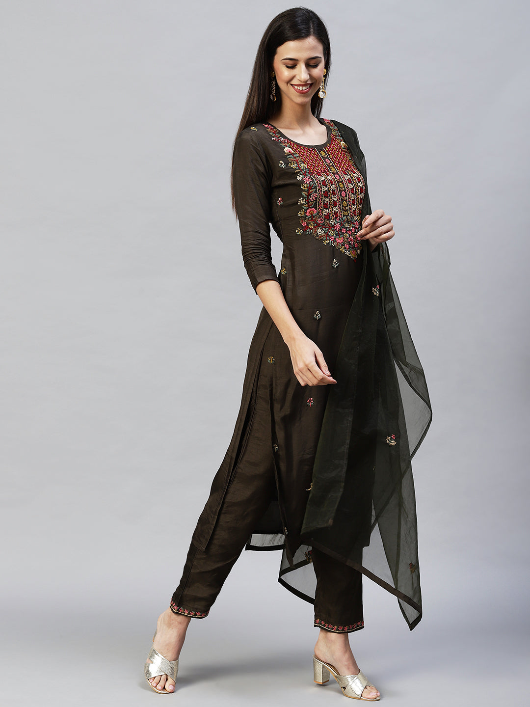Floral Hand Embroidered Straight Kurta with Pants & Dupatta - Dark Green