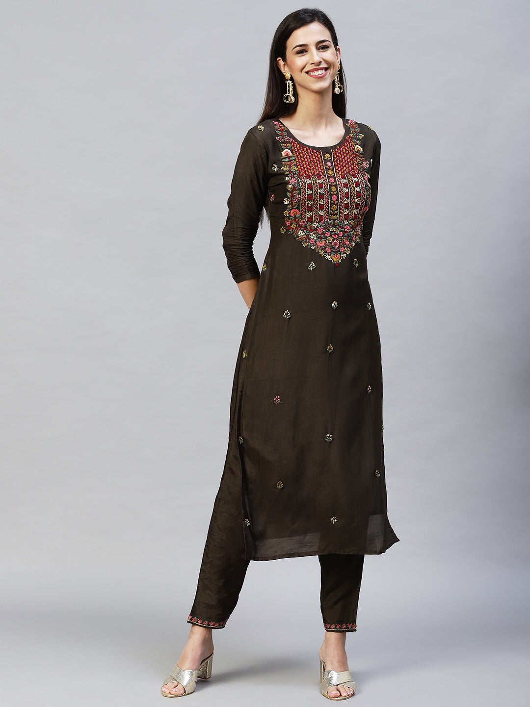 Floral Hand Embroidered Straight Kurta with Pants & Dupatta - Dark Green