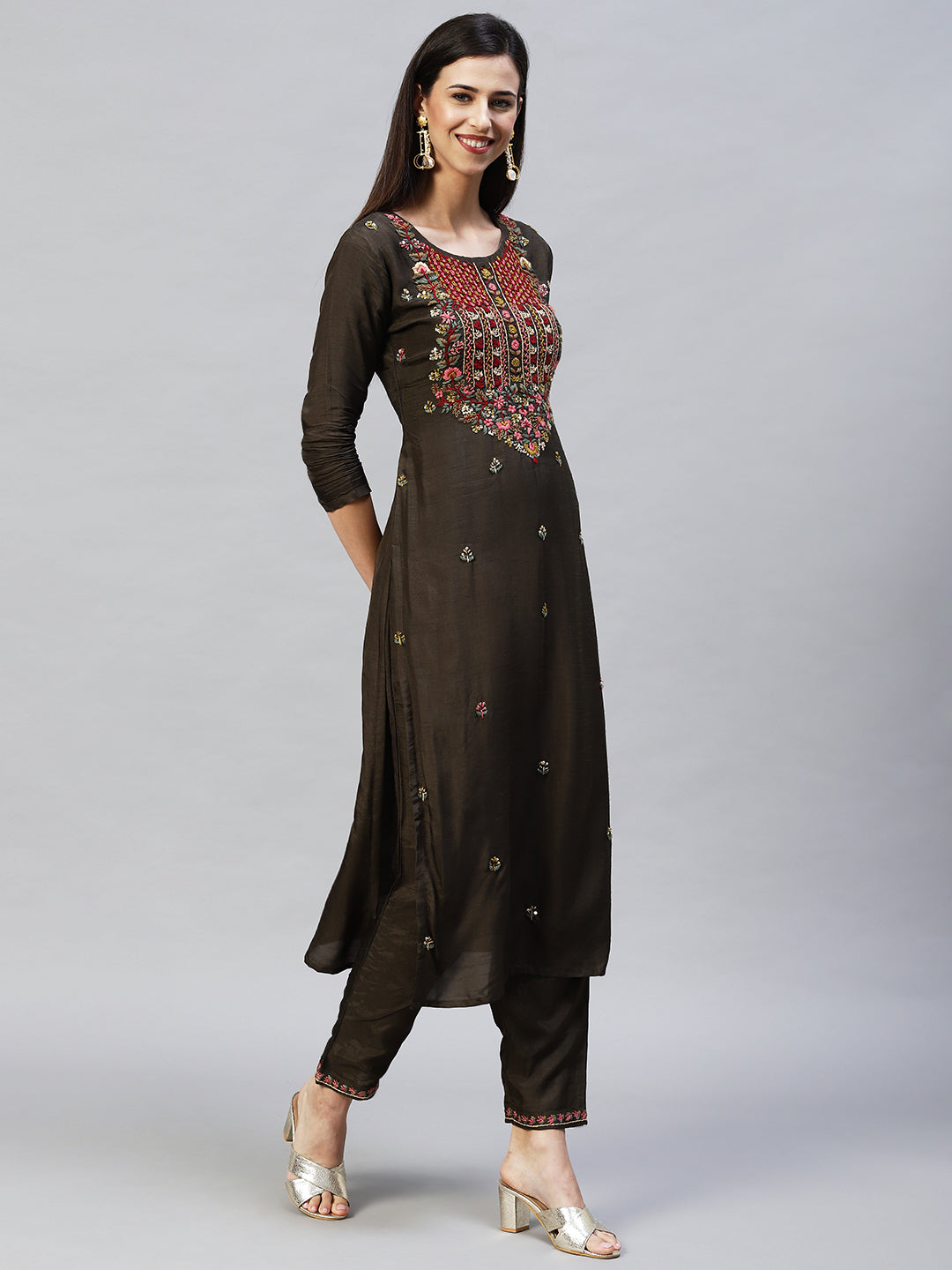 Floral Hand Embroidered Straight Kurta with Pants & Dupatta - Dark Green