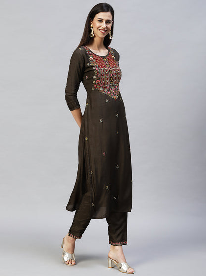 Floral Hand Embroidered Straight Kurta with Pants & Dupatta - Dark Green