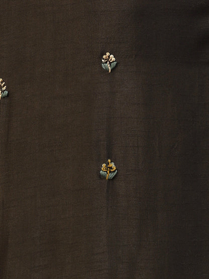 Floral Hand Embroidered Straight Kurta with Pants & Dupatta - Dark Green