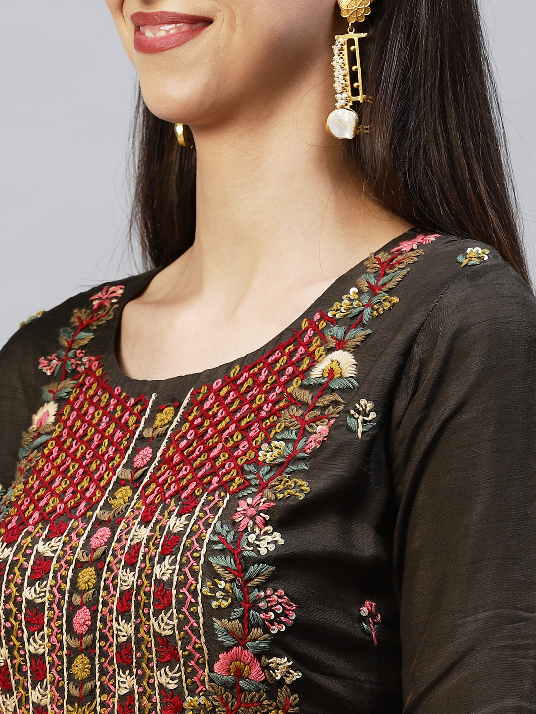 Floral Hand Embroidered Straight Kurta with Pants & Dupatta - Dark Green