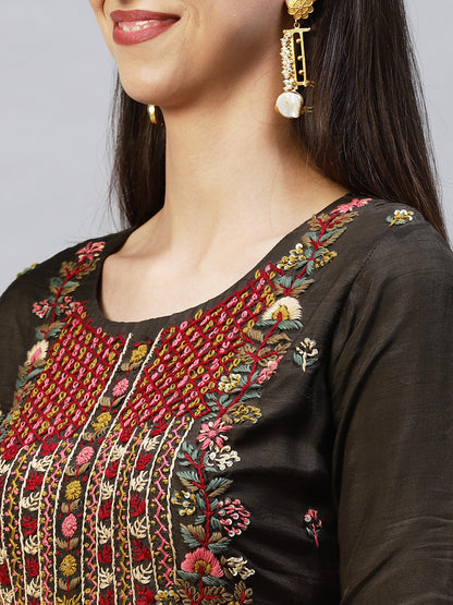 Floral Hand Embroidered Straight Kurta with Pants & Dupatta - Dark Green