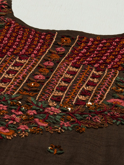 Floral Hand Embroidered Straight Kurta with Pants & Dupatta - Dark Green