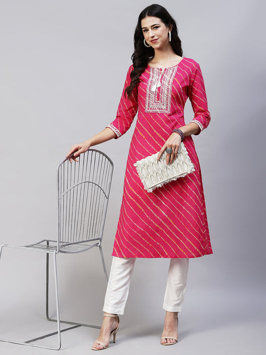 Leheriya Printed & Embroidered Straight Fit Kurta - Hot Pink