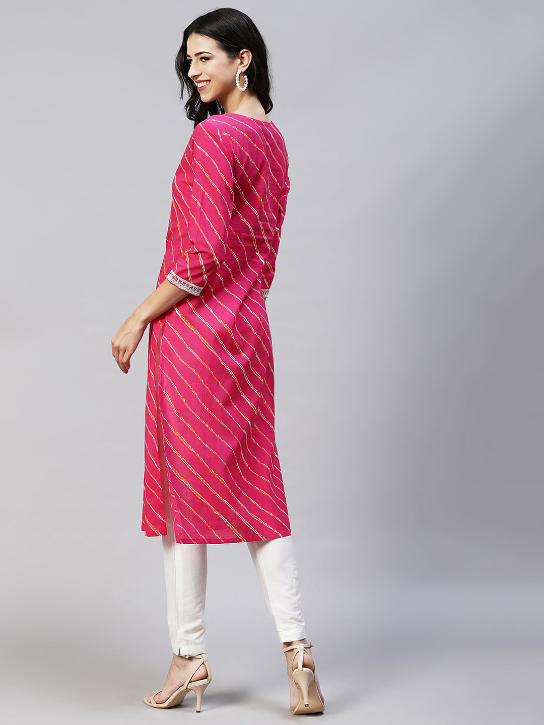 Leheriya Printed & Embroidered Straight Fit Kurta - Hot Pink