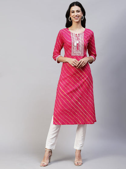 Leheriya Printed & Embroidered Straight Fit Kurta - Hot Pink