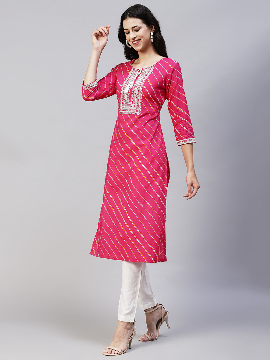 Leheriya Printed & Embroidered Straight Fit Kurta - Hot Pink