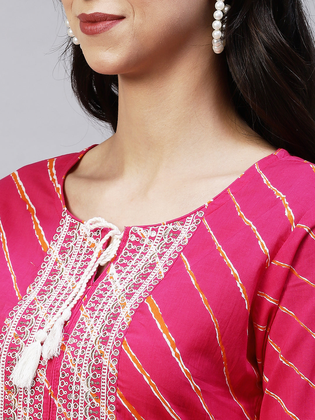 Leheriya Printed & Embroidered Straight Fit Kurta - Hot Pink
