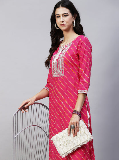 Leheriya Printed & Embroidered Straight Fit Kurta - Hot Pink