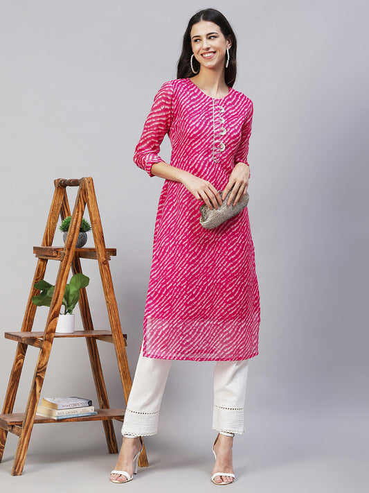 Leheriya Printed & Embroidered Straight Fit Kurta - Hot Pink