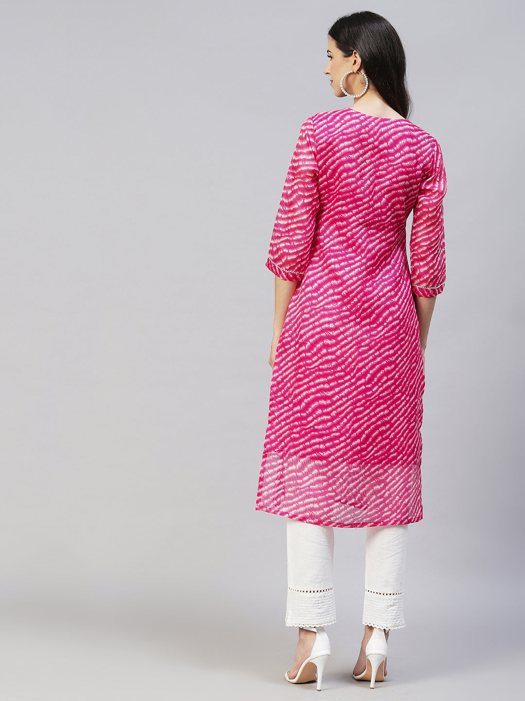 Leheriya Printed & Embroidered Straight Fit Kurta - Hot Pink