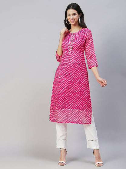Leheriya Printed & Embroidered Straight Fit Kurta - Hot Pink