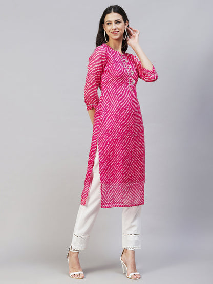 Leheriya Printed & Embroidered Straight Fit Kurta - Hot Pink