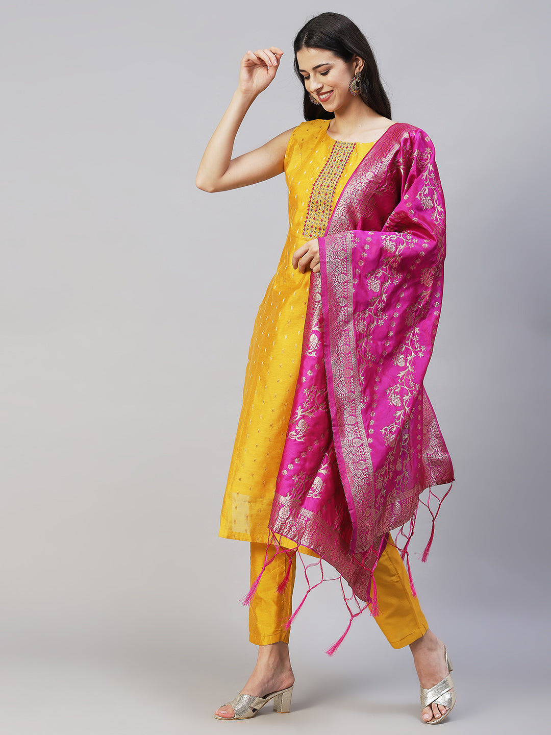 Ethnic Hand Embroidered Straight Kurta with Pants & Dupatta - Yellow