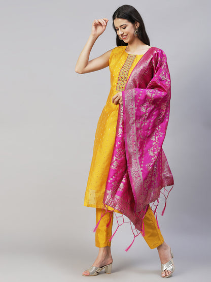 Ethnic Hand Embroidered Straight Kurta with Pants & Dupatta - Yellow