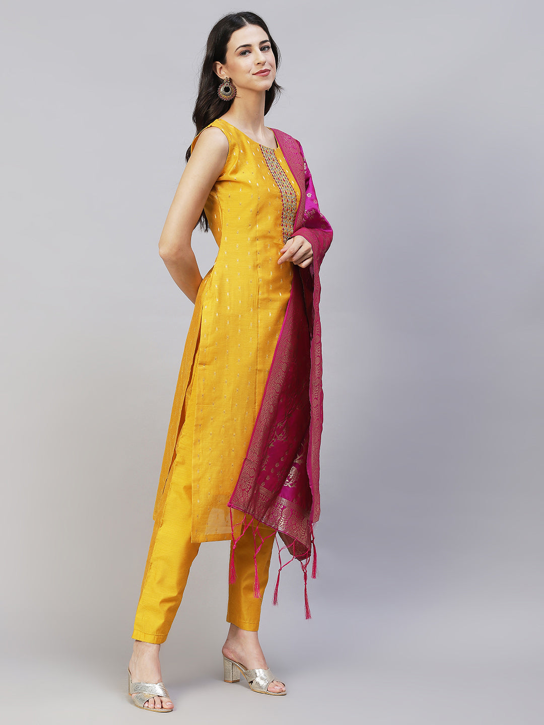 Ethnic Hand Embroidered Straight Kurta with Pants & Dupatta - Yellow