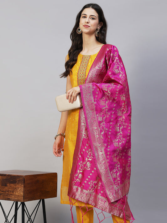 Ethnic Hand Embroidered Straight Kurta with Pants & Dupatta - Yellow
