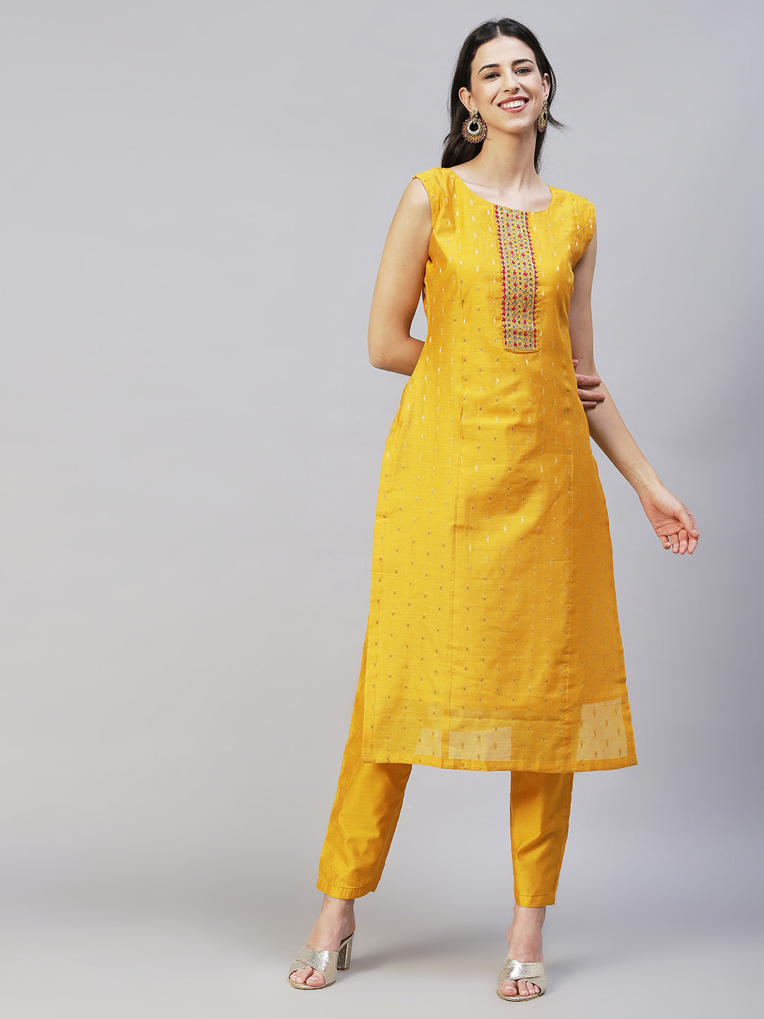 Ethnic Hand Embroidered Straight Kurta with Pants & Dupatta - Yellow