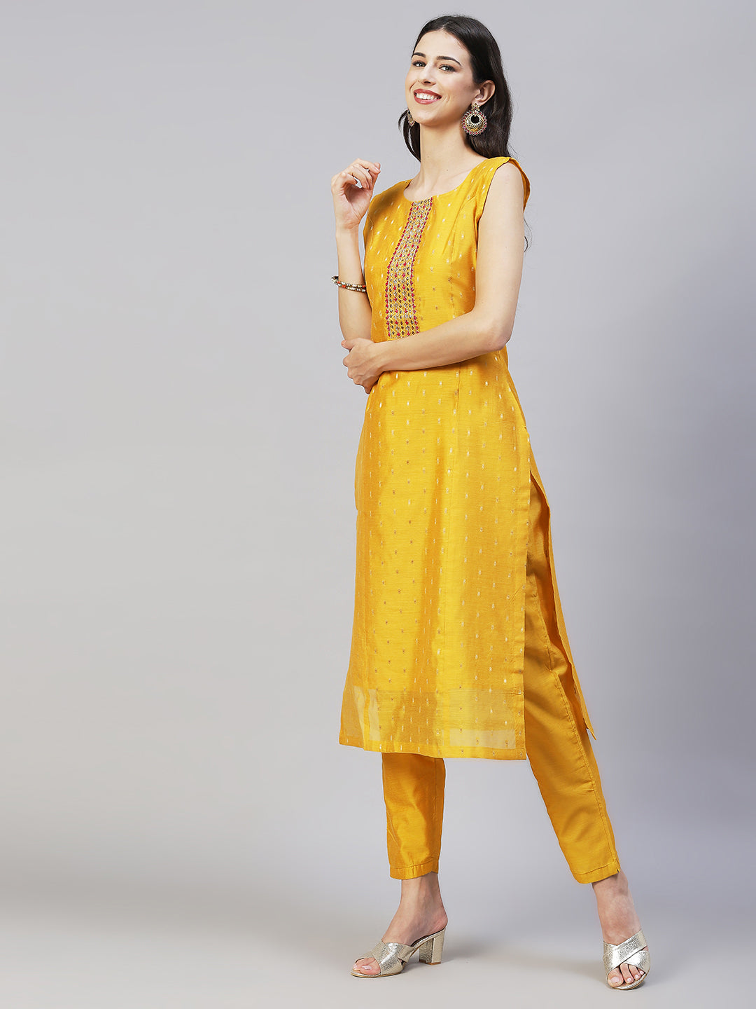 Ethnic Hand Embroidered Straight Kurta with Pants & Dupatta - Yellow