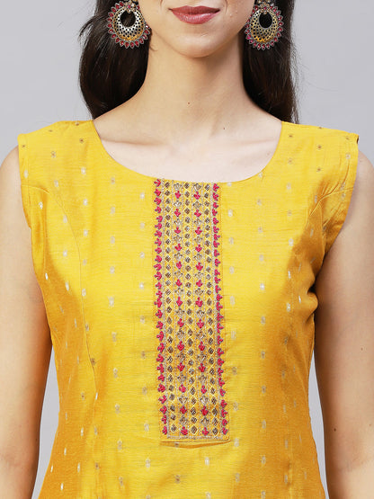 Ethnic Hand Embroidered Straight Kurta with Pants & Dupatta - Yellow