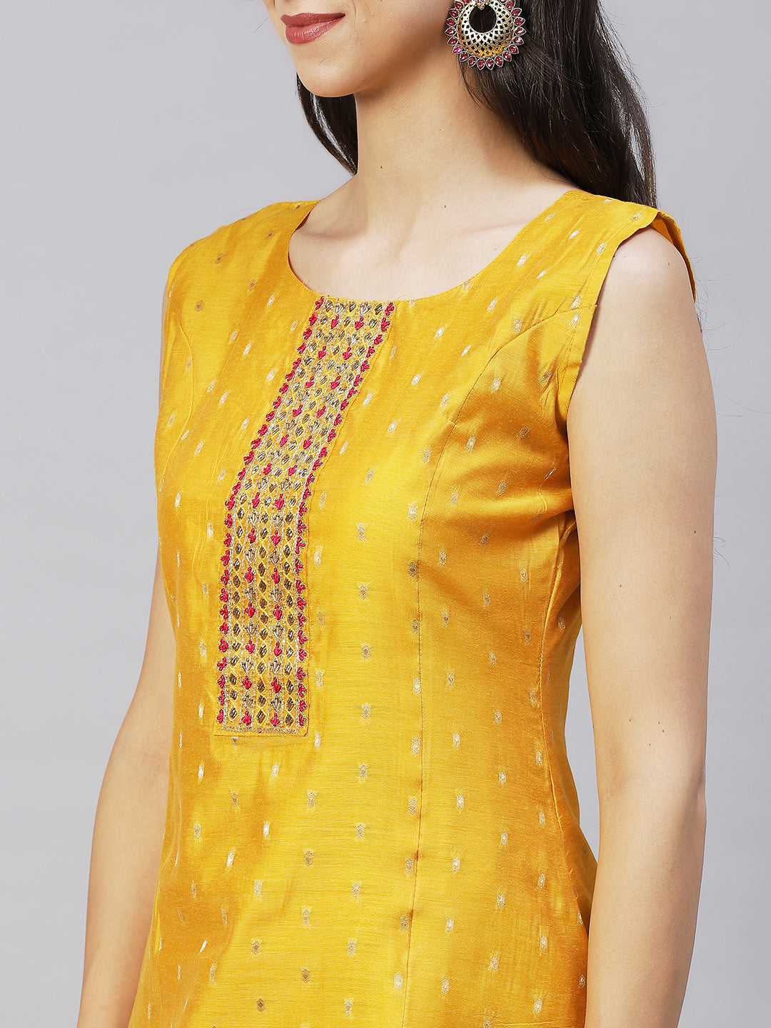 Ethnic Hand Embroidered Straight Kurta with Pants & Dupatta - Yellow