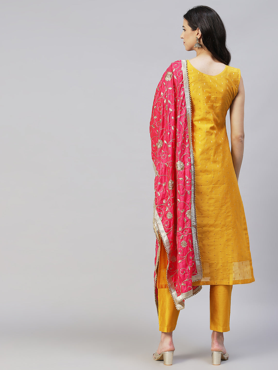 Floral Hand Embroidered Kurta with Pants & Dupatta - Yellow