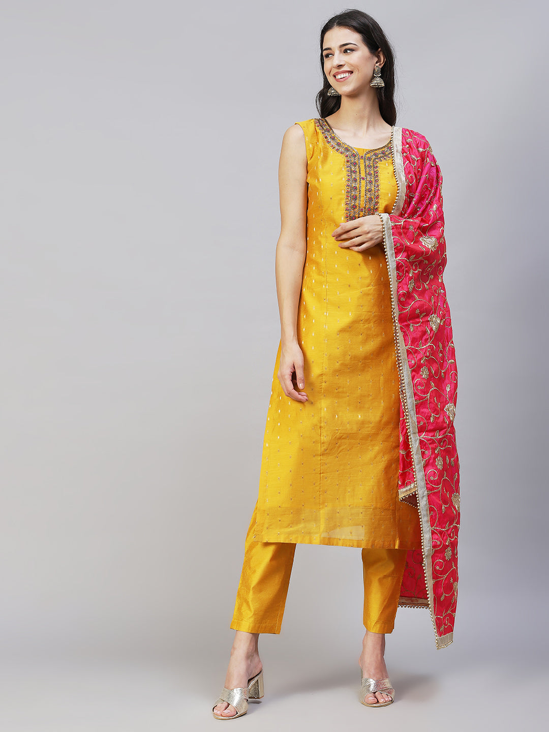 Floral Hand Embroidered Kurta with Pants & Dupatta - Yellow