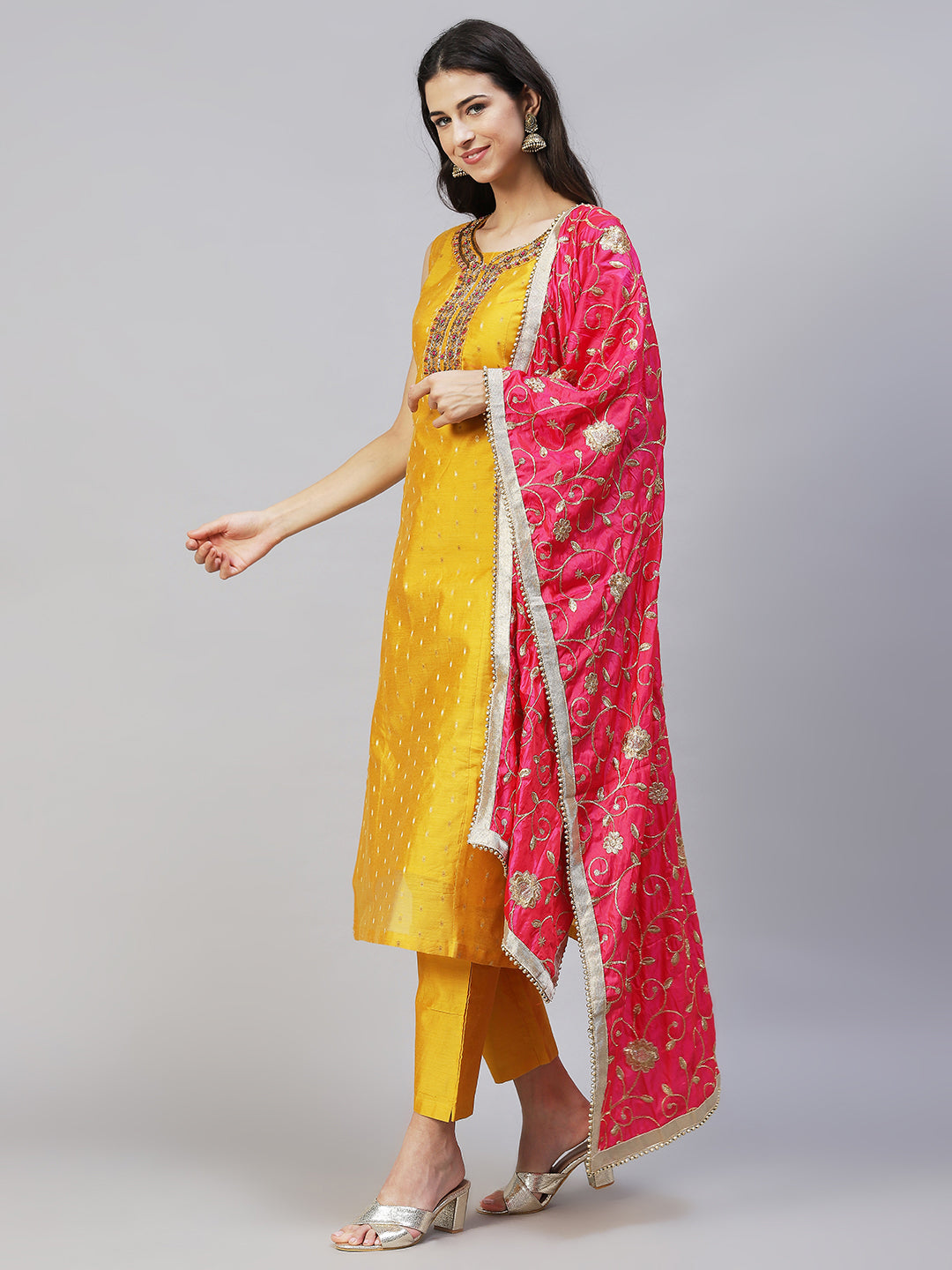Floral Hand Embroidered Kurta with Pants & Dupatta - Yellow