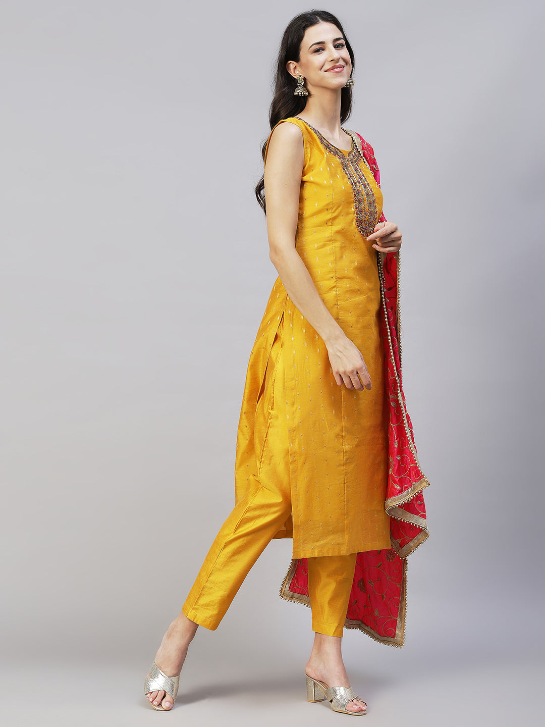 Floral Hand Embroidered Kurta with Pants & Dupatta - Yellow