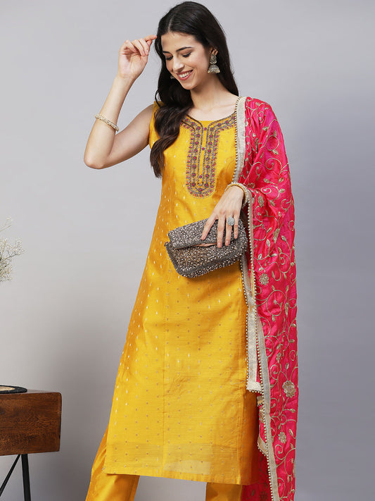 Floral Hand Embroidered Kurta with Pants & Dupatta - Yellow