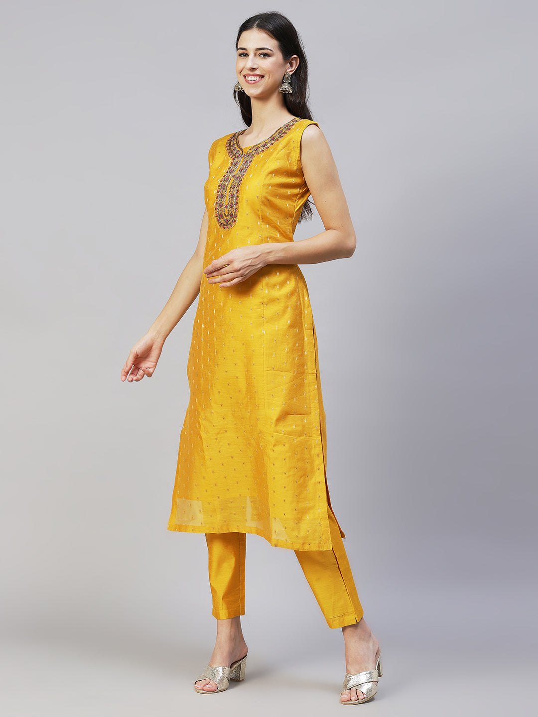 Floral Hand Embroidered Kurta with Pants & Dupatta - Yellow