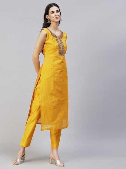 Floral Hand Embroidered Kurta with Pants & Dupatta - Yellow