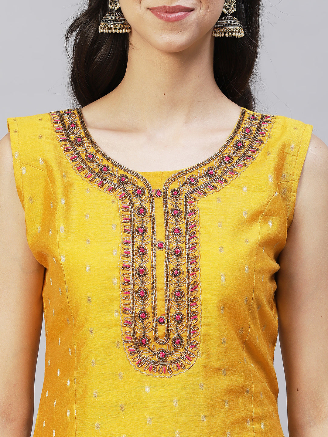 Floral Hand Embroidered Kurta with Pants & Dupatta - Yellow