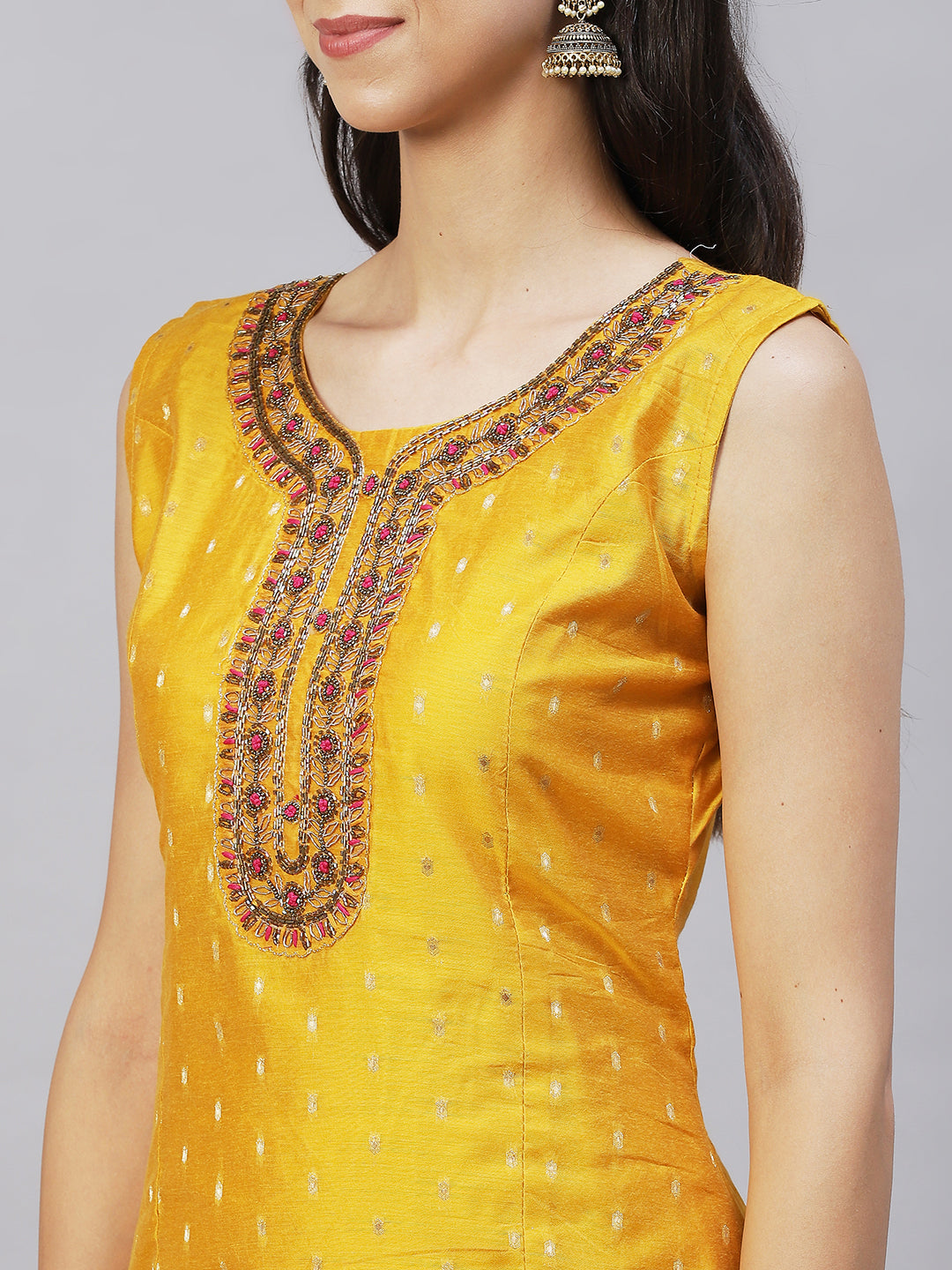 Floral Hand Embroidered Kurta with Pants & Dupatta - Yellow