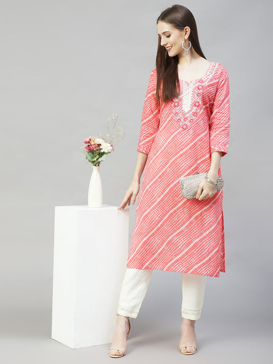Ethnic Printed & Embroidered Straight Fit Kurta - Peach