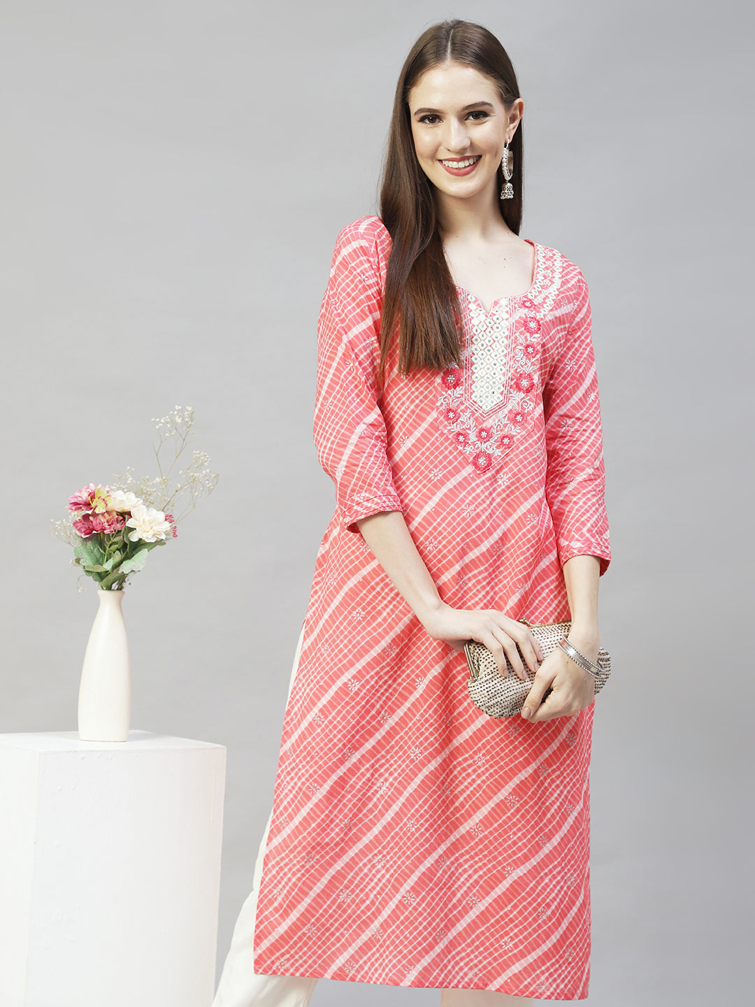Ethnic Printed & Embroidered Straight Fit Kurta - Peach