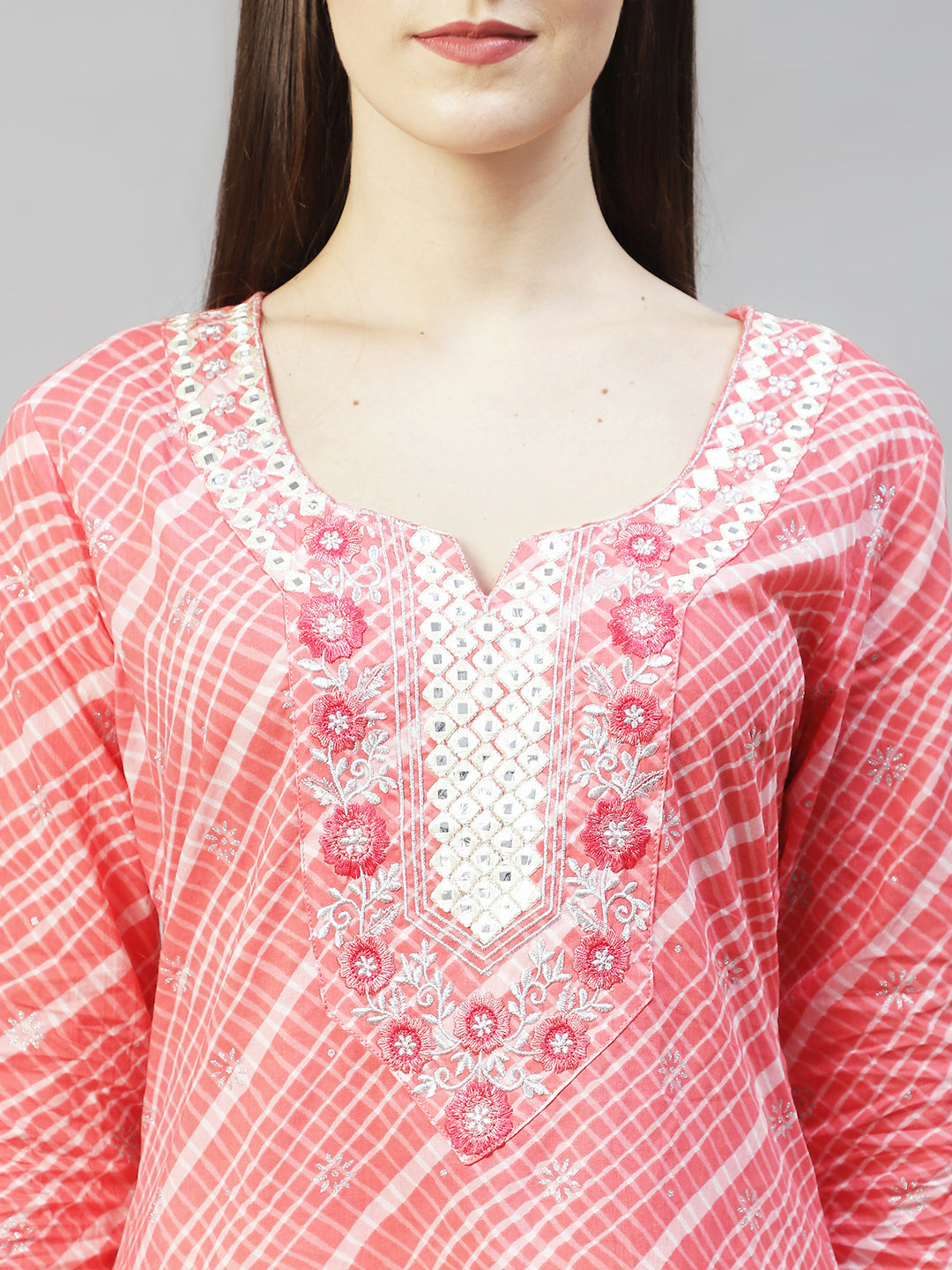 Ethnic Printed & Embroidered Straight Fit Kurta - Peach